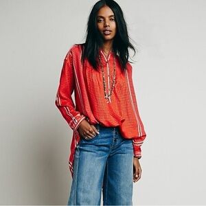 Free People Metallic Yarn Dye Plaid Long Sleeve Button Down Tunic Shirt